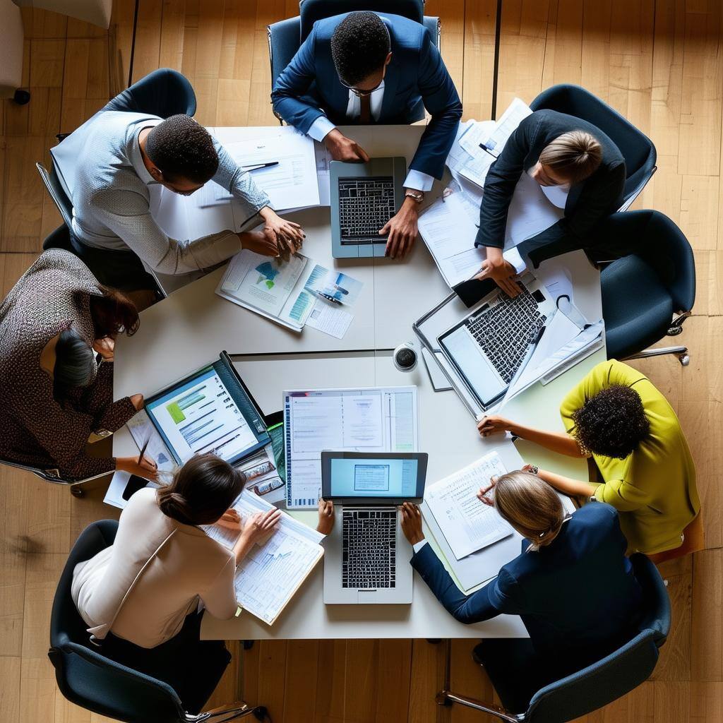 view from above of a conference table with people working